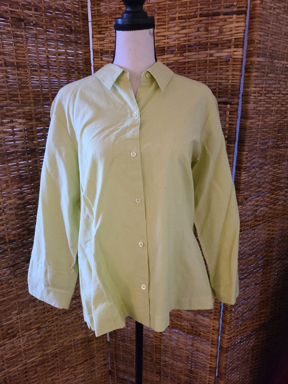 Eileen Fisher Woman VTG SZ L Green Textured Fabric Blouse Button Collar 3/4 Slee